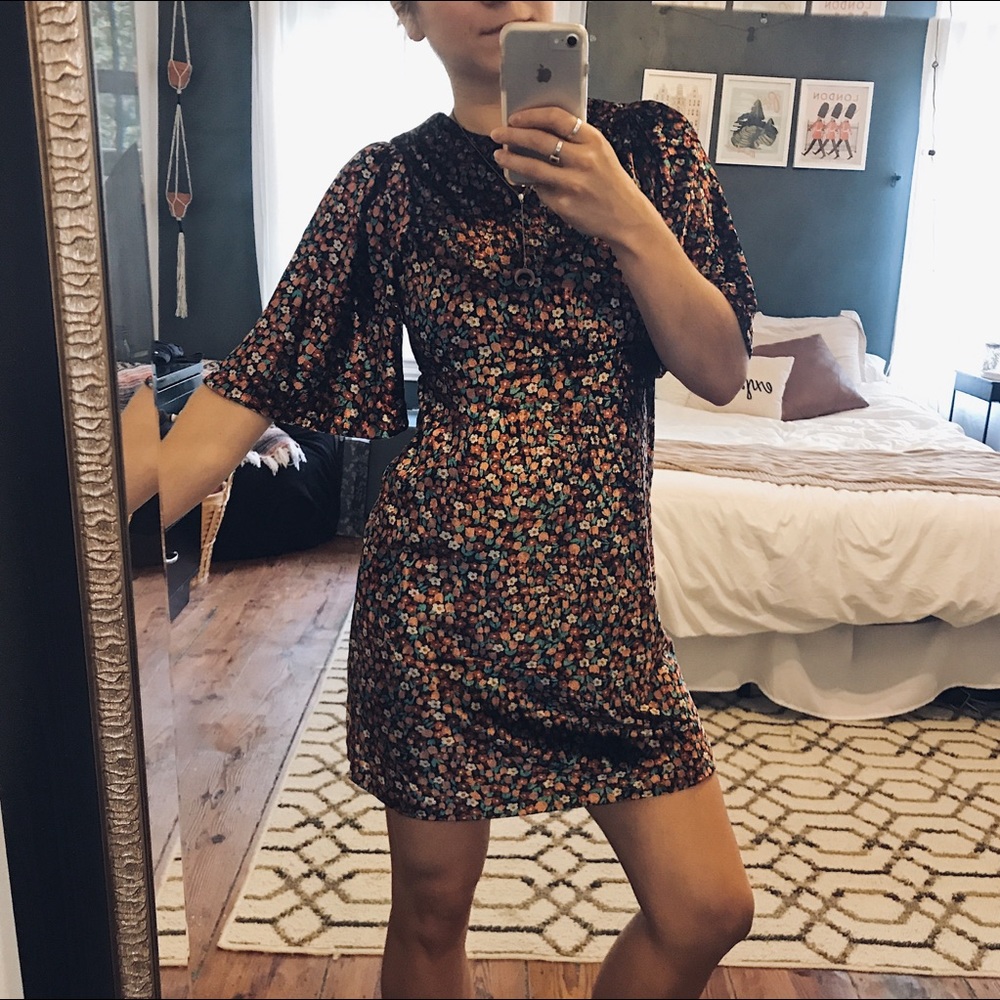 Zara Velour Floral Dress With Bell Sleeves